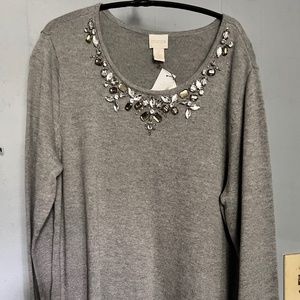 Chicos Heather Gray Sweater Embellish Neckline Size 2 NEW